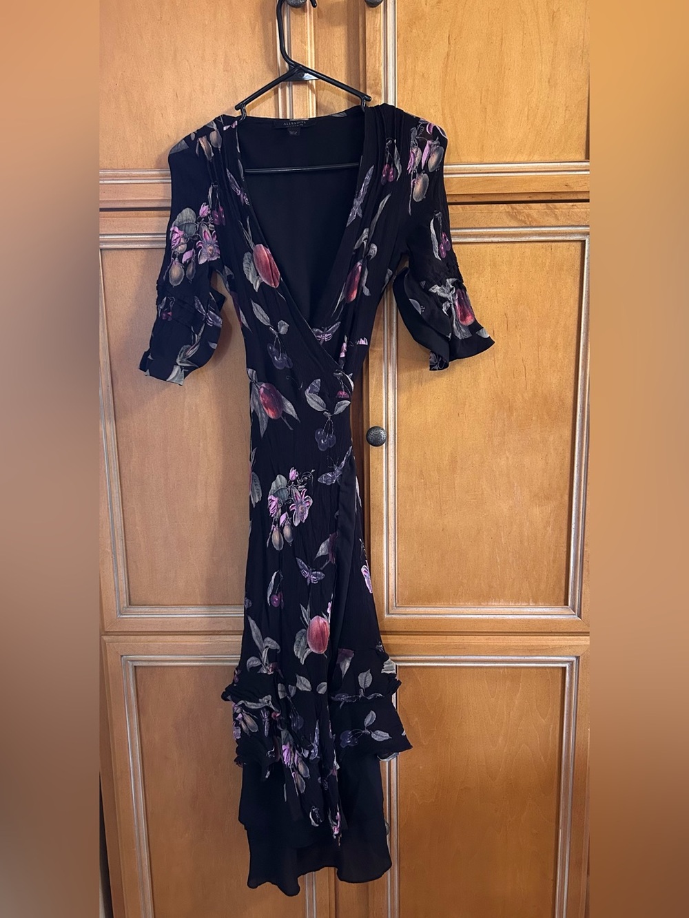*Flawed* AllSaints Black Midi Wrap Dress with Pink & Purple Floral Print